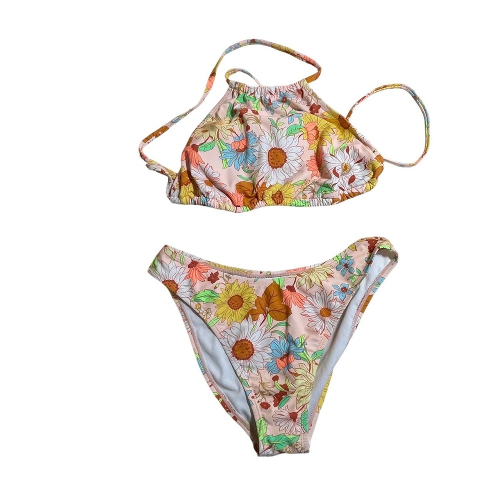California Sunshine Pink Floral Retro Daisy High Neck Halter Bikini Set Small